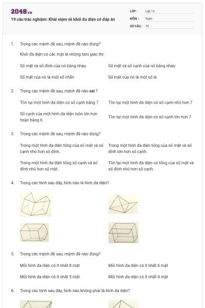 19 câu trắc nghiệm: Khái niệm về khối đa diện có đáp án