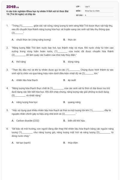 6 câu trắc nghiệm Khoa học tự nhiên 9 Kết nối tri thức Bài 16 (Trả lời ngắn) có đáp án