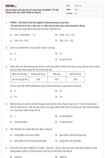 Đề thi tuyển sinh vào lớp 10 môn Toán Sở GD&ĐT TP Hải Phòng năm học 2025-2026 có đáp án