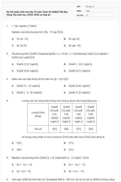 Đề thi tuyển sinh vào lớp 10 môn Toán Sở GD&ĐT Bà Rịa - Vũng Tàu năm học 2025-2026 có đáp án