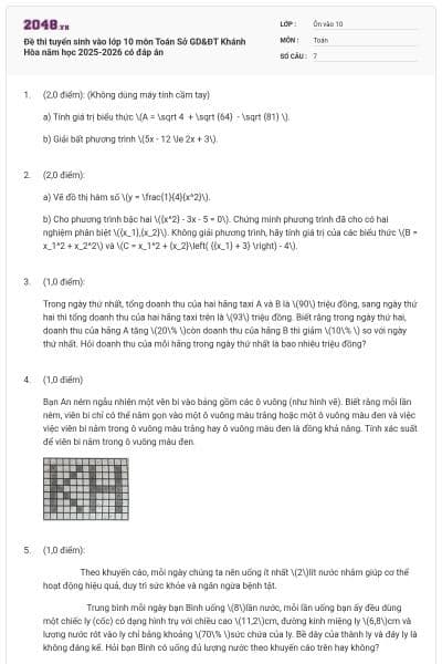 Đề thi tuyển sinh vào lớp 10 môn Toán Sở GD&ĐT Khánh Hòa năm học 2025-2026 có đáp án