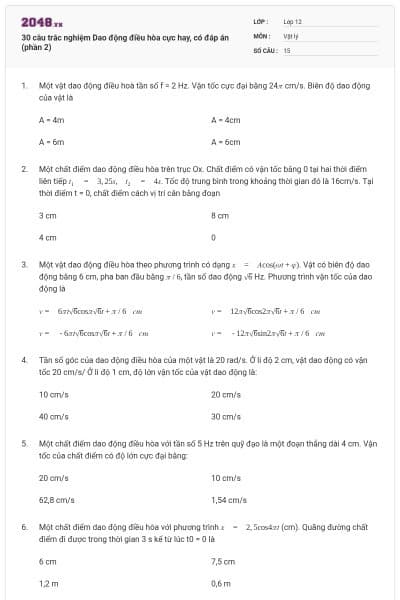 30 câu trắc nghiệm Dao động điều hòa cực hay, có đáp án (phần 2)
