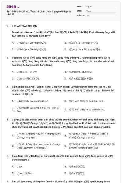 Bộ 10 đề thi cuối kì 2 Toán 10 Chân trời sáng tạo có đáp án - Đề 10