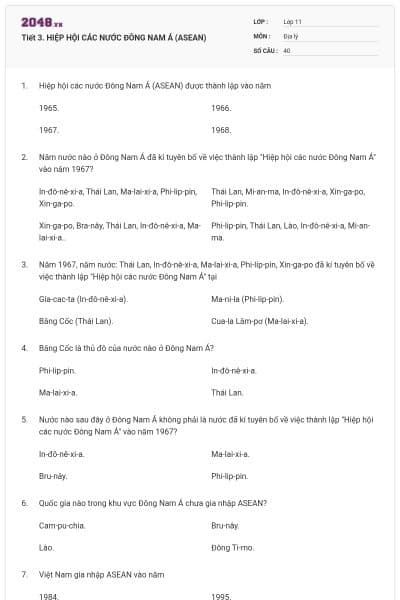 Tiết 3. HIỆP HỘI CÁC NƯỚC ĐÔNG NAM Á (ASEAN)