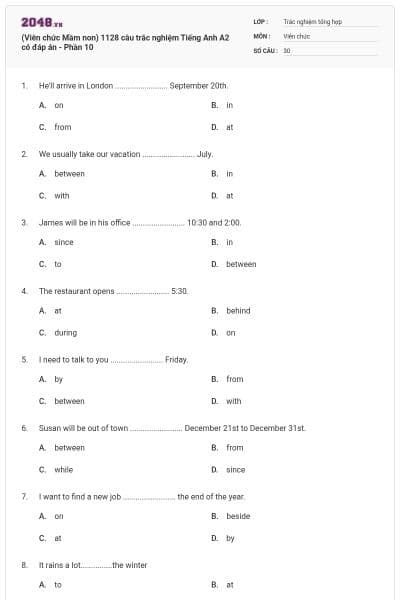 (Viên chức Mầm non) 1128 câu trắc nghiệm Tiếng Anh A2 có đáp án - Phần 10