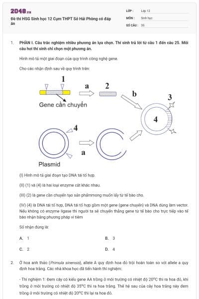 Đề thi HSG Sinh học 12 Cụm THPT Sở Hải Phòng có đáp án
