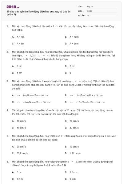 30 câu trắc nghiệm Dao động điều hòa cực hay, có đáp án (phần 2)