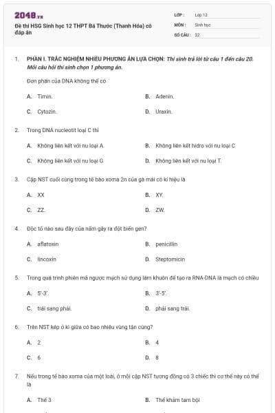 Đề thi HSG Sinh học 12 THPT Bá Thước (Thanh Hóa) có đáp án