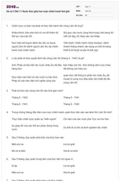 Đề số 2 Bài 11 Nước Đức giữa hai cuộc chiến tranh thế giới