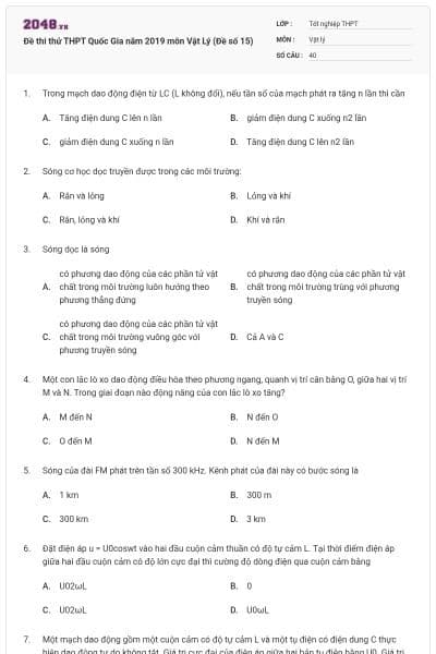 Đề thi thử THPT Quốc Gia năm 2019 môn Vật Lý (Đề số 15)
