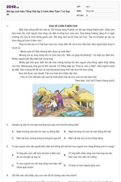 Bài tập cuối tuần Tiếng Việt lớp 3 Cánh diều Tuần 7 có đáp án