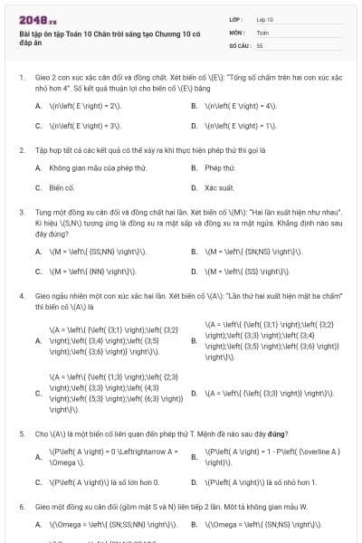 Bài tập ôn tập Toán 10 Chân trời sáng tạo Chương 10 có đáp án