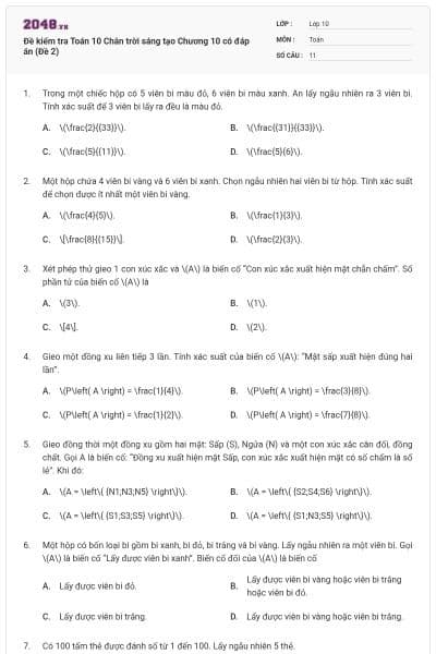 Đề kiểm tra Toán 10 Chân trời sáng tạo Chương 10 có đáp án (Đề 2)