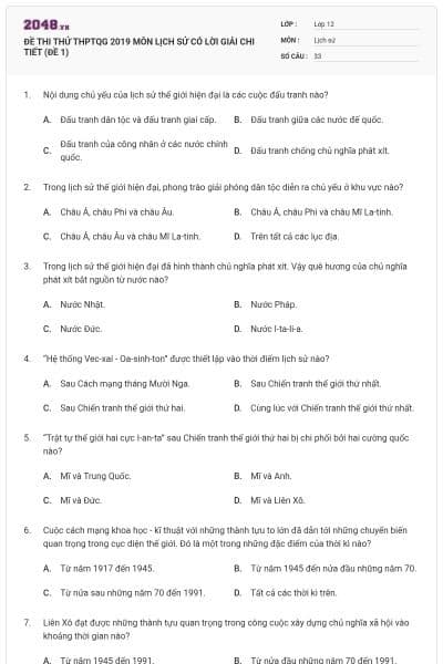 ĐỀ THI THỬ THPTQG 2019 MÔN LỊCH SỬ CÓ LỜI GIẢI CHI TIẾT (ĐỀ 1)