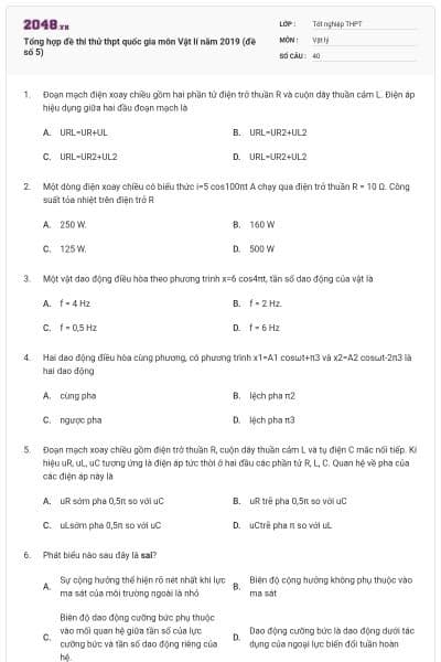 Tổng hợp đề thi thử thpt quốc gia môn Vật lí năm 2019 (đề số 5)