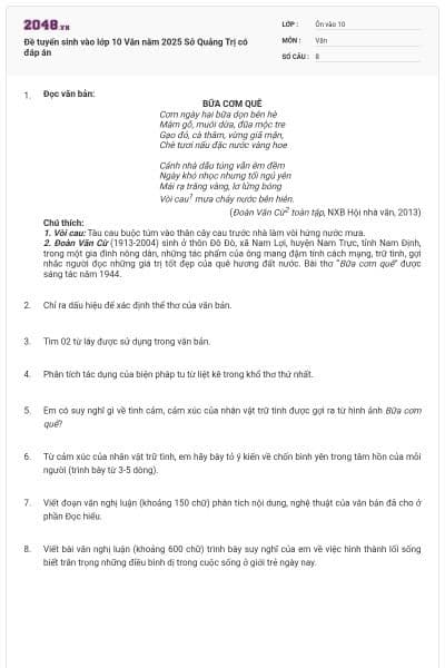 Đề tuyển sinh vào lớp 10 Văn năm 2025 Sở Quảng Trị có đáp án