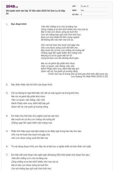 Đề tuyển sinh vào lớp 10 Văn năm 2025 Sở Sơn La có đáp án