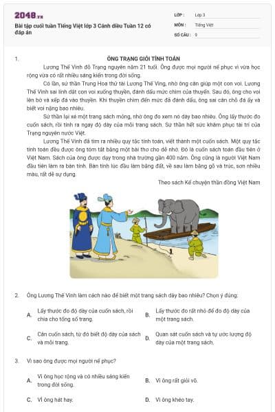 Bài tập cuối tuần Tiếng Việt lớp 3 Cánh diều Tuần 12 có đáp án