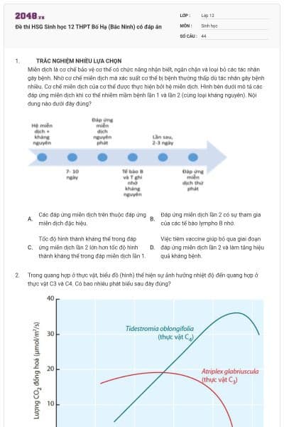 Đề thi HSG Sinh học 12 THPT Bố Hạ (Bắc Ninh) có đáp án