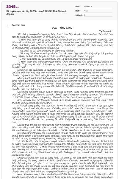 Đề tuyển sinh vào lớp 10 Văn năm 2025 Sở Thái Bình có đáp án