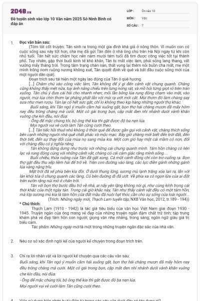 Đề tuyển sinh vào lớp 10 Văn năm 2025 Sở Ninh Bình có đáp án