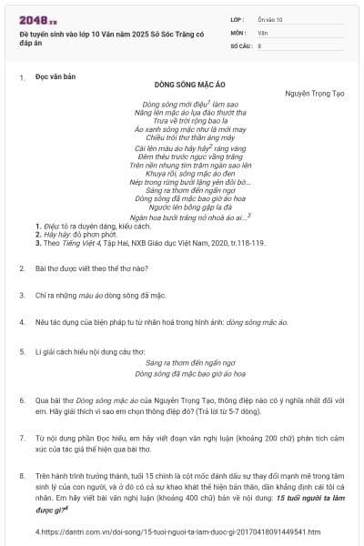 Đề tuyển sinh vào lớp 10 Văn năm 2025 Sở Sóc Trăng có đáp án