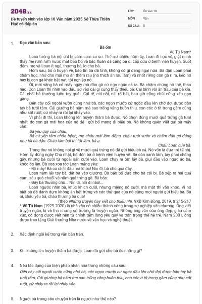 Đề tuyển sinh vào lớp 10 Văn năm 2025 Sở Thừa Thiên Huế có đáp án