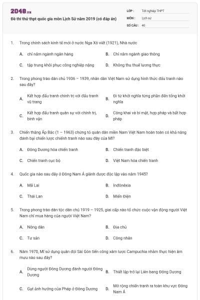Đề thi thử thpt quốc gia môn Lịch Sử năm 2019 (có đáp án)