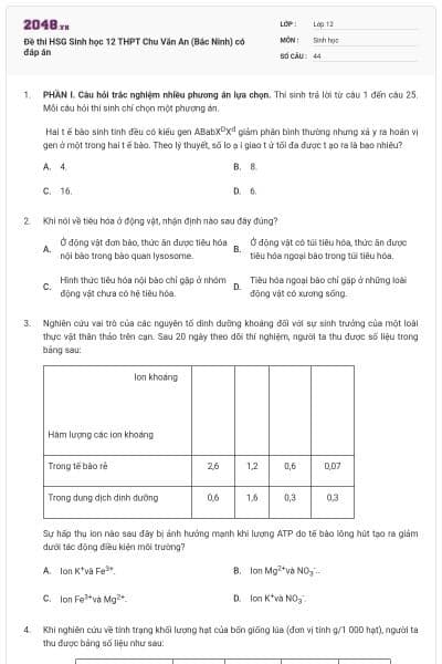 Đề thi HSG Sinh học 12 THPT Chu Văn An (Bắc Ninh) có đáp án