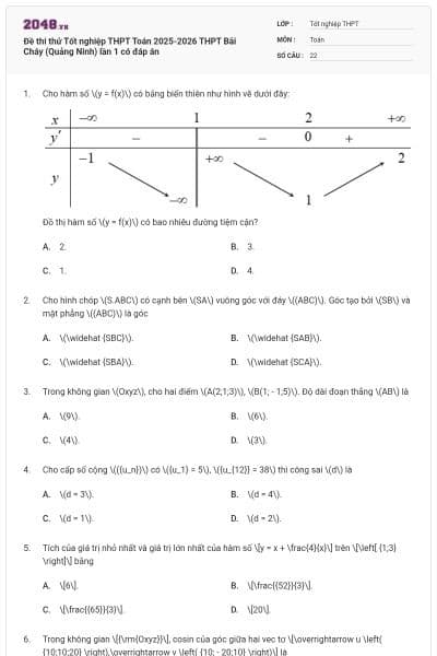Đề thi thử Tốt nghiệp THPT Toán 2025-2026 THPT Bãi Cháy (Quảng Ninh) lần 1 có đáp án