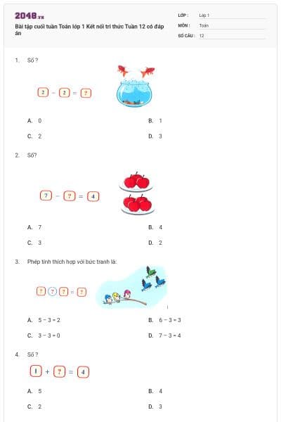 Bài tập cuối tuần Toán lớp 1 Kết nối tri thức Tuần 12 có đáp án