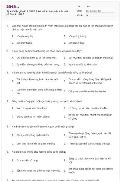 Bộ 4 đề thi giữa kì 1 GDCD 9 Kết nối tri thức cấu trúc mới có đáp án - Đề 3