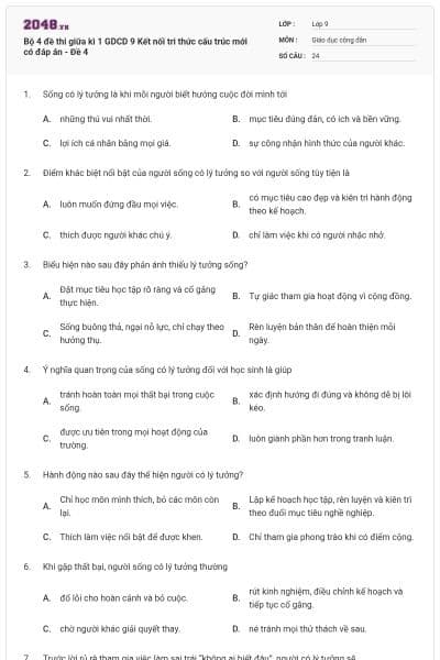 Bộ 4 đề thi giữa kì 1 GDCD 9 Kết nối tri thức cấu trúc mới có đáp án - Đề 4