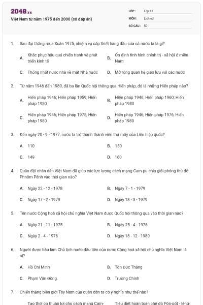 Việt Nam từ năm 1975 đến 2000 (có đáp án)