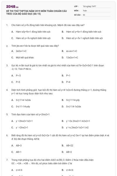 ĐỀ THI THỬ THPTQG NĂM 2019 MÔN TOÁN CHUẨN CẤU TRÚC CỦA BỘ GIÁO DỤC (Đề 15)
