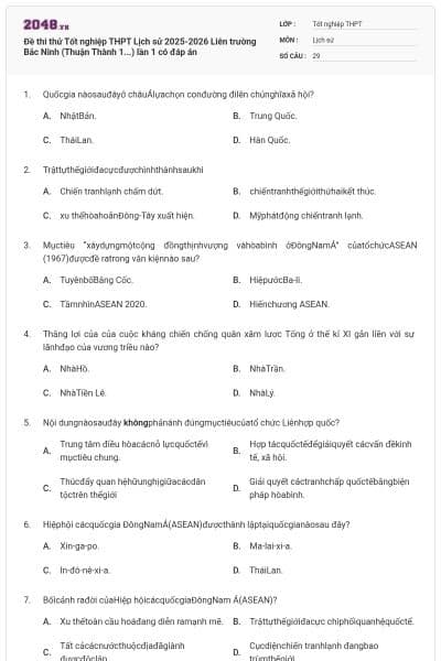 Đề thi thử Tốt nghiệp THPT Lịch sử 2025-2026 Liên trường Bắc Ninh (Thuận Thành 1...) lần 1 có đáp án