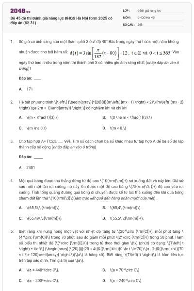 Bộ 45 đề thi Đánh giá năng lực ĐHQG Hà Nội form 2025 có đáp án (Đề 31)