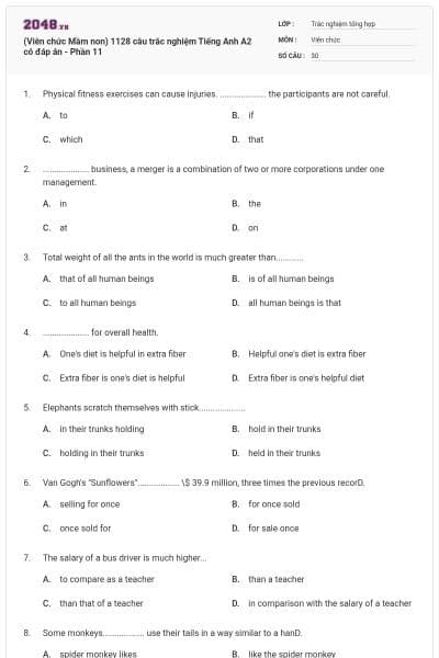 (Viên chức Mầm non) 1128 câu trắc nghiệm Tiếng Anh A2 có đáp án - Phần 11