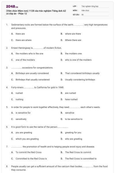 (Viên chức Mầm non) 1128 câu trắc nghiệm Tiếng Anh A2 có đáp án - Phần 12