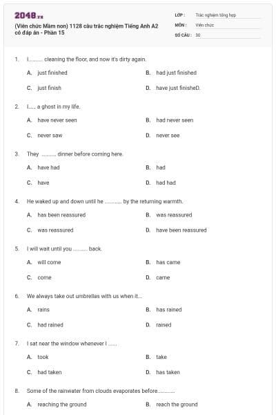 (Viên chức Mầm non) 1128 câu trắc nghiệm Tiếng Anh A2 có đáp án - Phần 15