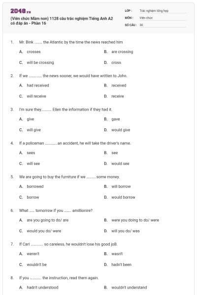 (Viên chức Mầm non) 1128 câu trắc nghiệm Tiếng Anh A2 có đáp án - Phần 16