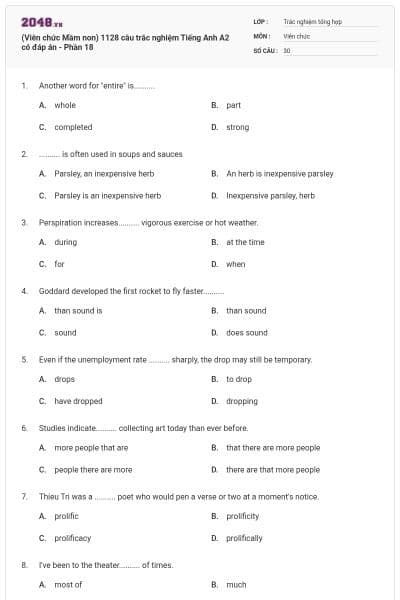 (Viên chức Mầm non) 1128 câu trắc nghiệm Tiếng Anh A2 có đáp án - Phần 18