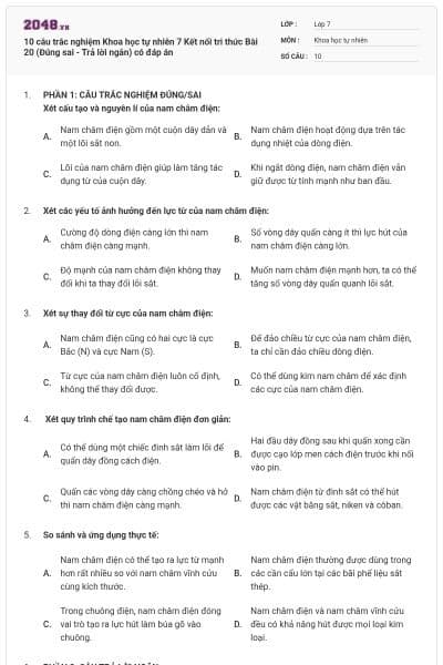 10 câu trắc nghiệm Khoa học tự nhiên 7 Kết nối tri thức Bài 20 (Đúng sai - Trả lời ngắn) có đáp án