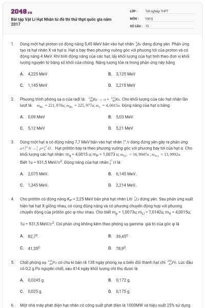 Bài tập Vật Lí Hạt Nhân từ đề thi thử thpt quốc gia năm 2017