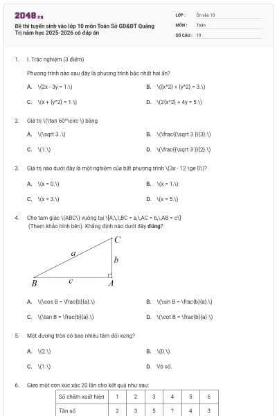 Đề thi tuyển sinh vào lớp 10 môn Toán Sở GD&ĐT Quảng Trị năm học 2025-2026 có đáp án