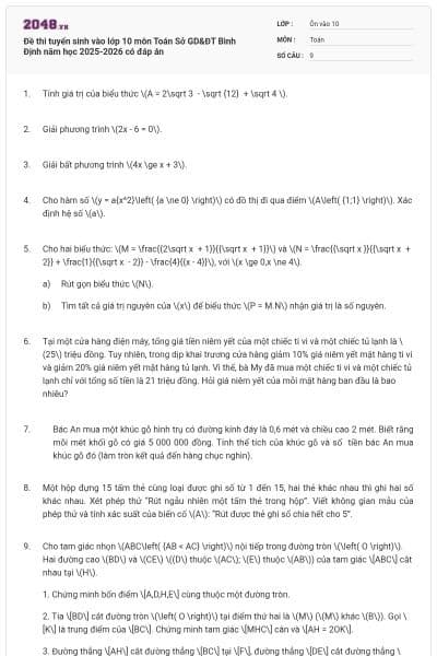Đề thi tuyển sinh vào lớp 10 môn Toán Sở GD&ĐT Bình Định năm học 2025-2026 có đáp án