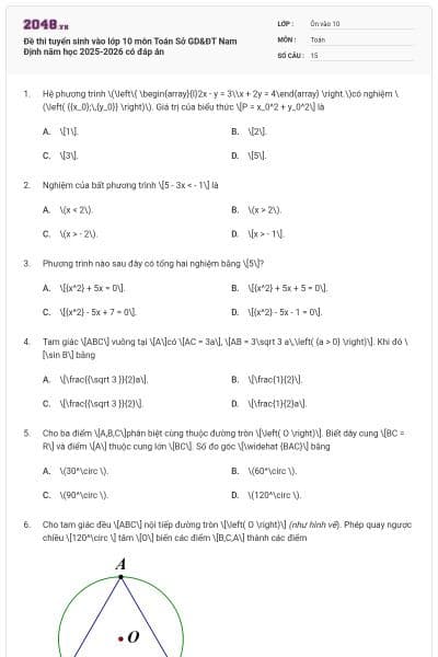 Đề thi tuyển sinh vào lớp 10 môn Toán Sở GD&ĐT Nam Định năm học 2025-2026 có đáp án