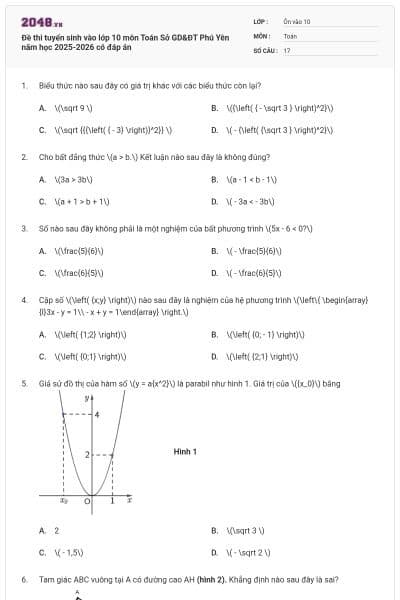 Đề thi tuyển sinh vào lớp 10 môn Toán Sở GD&ĐT Phú Yên năm học 2025-2026 có đáp án