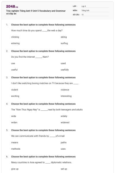 Trắc nghiệm Tiếng Anh 9 Unit 5 Vocabulary and Grammar có đáp án