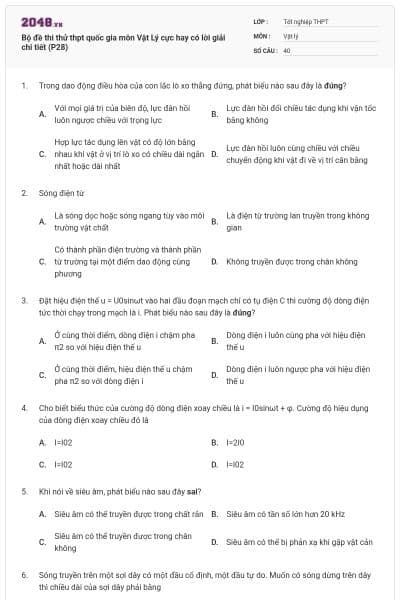 Bộ đề thi thử thpt quốc gia môn Vật Lý cực hay có lời giải chi tiết (P28)